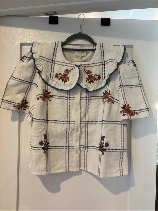 Sezane Tops - Sezane Liria Cream Embroidered Plaid Ruffle-Collar Blouse